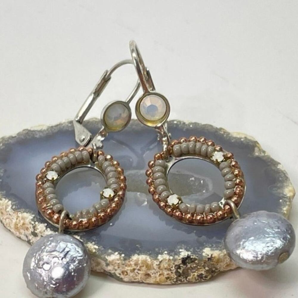 Israeli Designer Adaya Beaded Drop Earrings Gray Coin Pearl Opal Boho Artisan